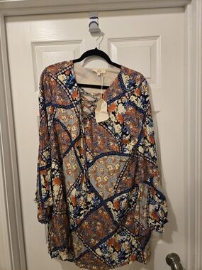 entro Boho Lace-Up Patchwork Mini Dress in Blue, Orange, Cream